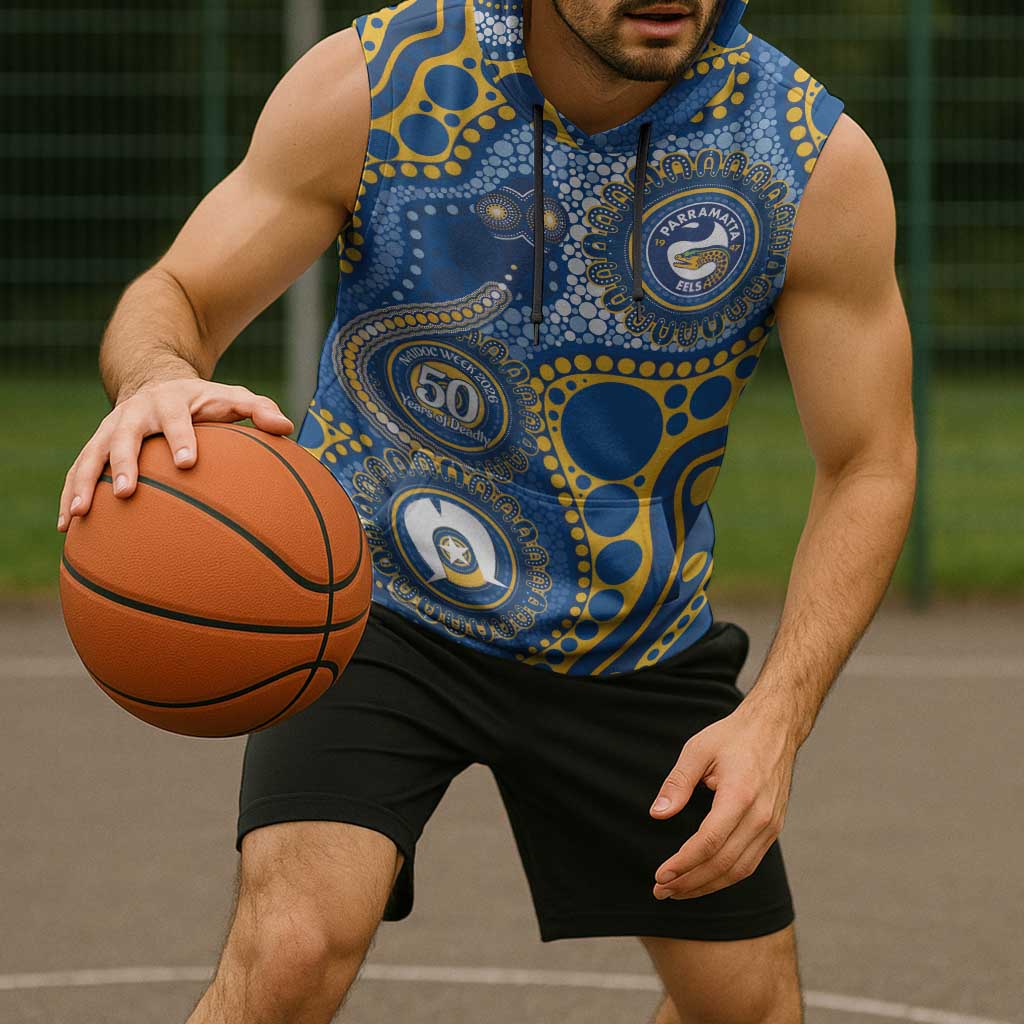 Eels NAIDOC Week 2026 Personalised Sleeveless Hoodie 50 Years of Deadly Aboriginal Art
