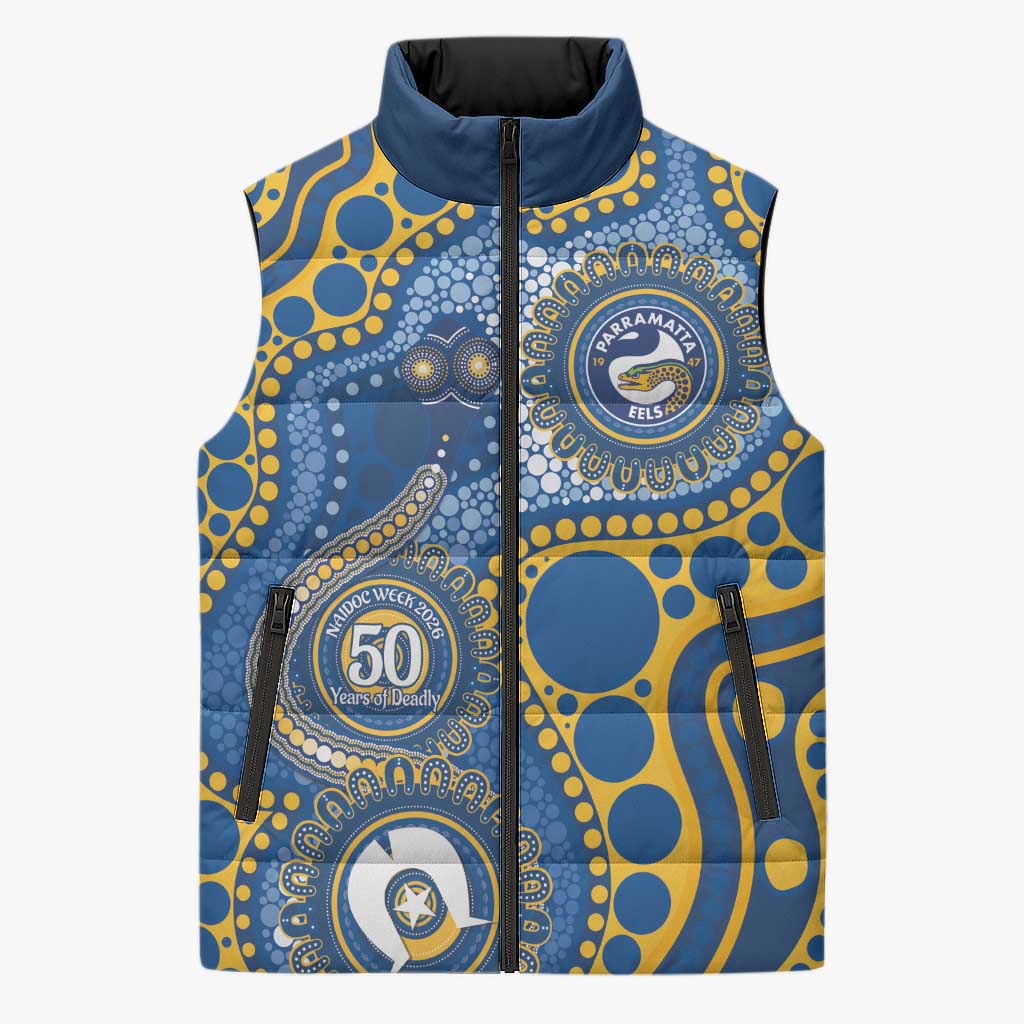 Eels NAIDOC Week 2026 Personalised Sleeveless Puffer Jacket 50 Years of Deadly Aboriginal Art
