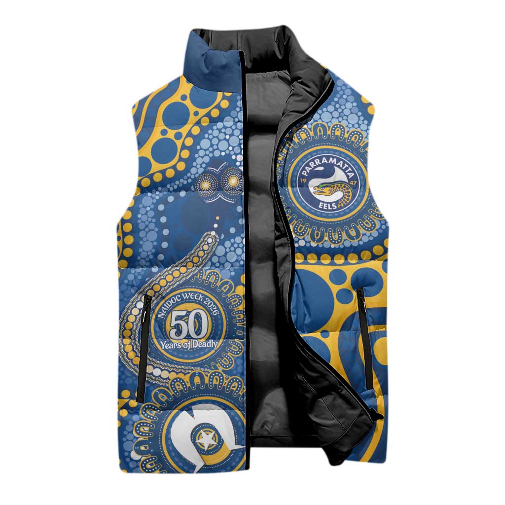 Eels NAIDOC Week 2026 Personalised Sleeveless Puffer Jacket 50 Years of Deadly Aboriginal Art