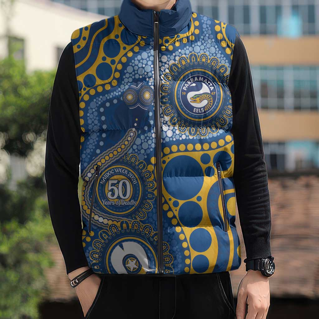 Eels NAIDOC Week 2026 Personalised Sleeveless Puffer Jacket 50 Years of Deadly Aboriginal Art