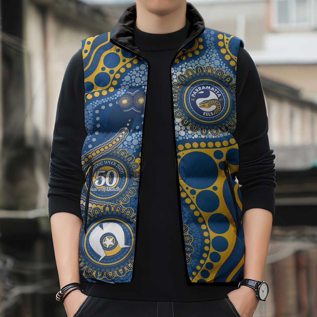 Eels NAIDOC Week 2026 Personalised Sleeveless Puffer Jacket 50 Years of Deadly Aboriginal Art