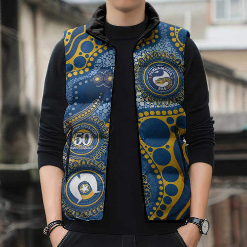 Eels NAIDOC Week 2026 Personalised Sleeveless Puffer Jacket 50 Years of Deadly Aboriginal Art