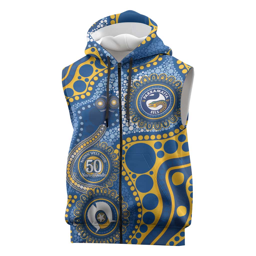 Eels NAIDOC Week 2026 Personalised Sleeveless Zip Hoodie 50 Years of Deadly Aboriginal Art
