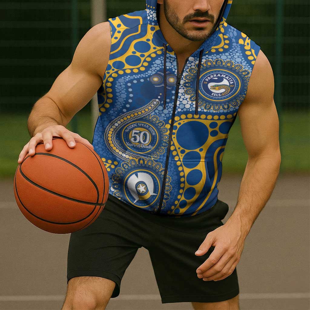 Eels NAIDOC Week 2026 Personalised Sleeveless Zip Hoodie 50 Years of Deadly Aboriginal Art