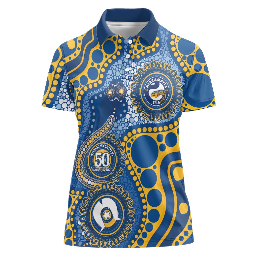 Eels NAIDOC Week 2026 Personalised Women Polo Shirt 50 Years of Deadly Aboriginal Art