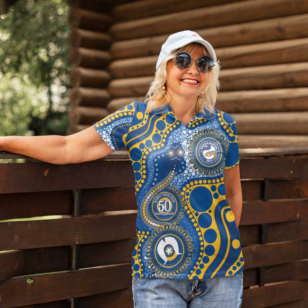 Eels NAIDOC Week 2026 Personalised Women Polo Shirt 50 Years of Deadly Aboriginal Art