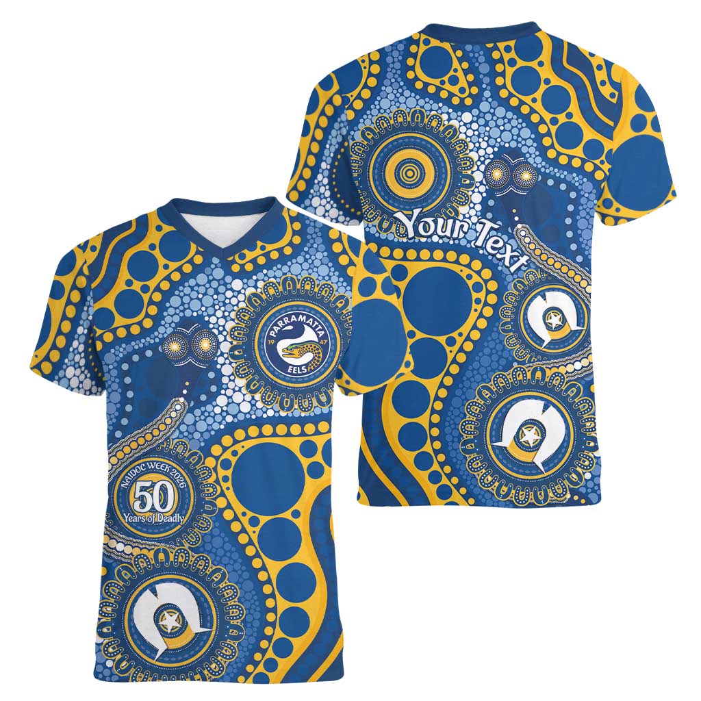 Eels NAIDOC Week 2026 Personalised Women V-Neck T-Shirt 50 Years of Deadly Aboriginal Art