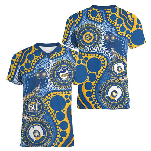 Eels NAIDOC Week 2026 Personalised Women V-Neck T-Shirt 50 Years of Deadly Aboriginal Art