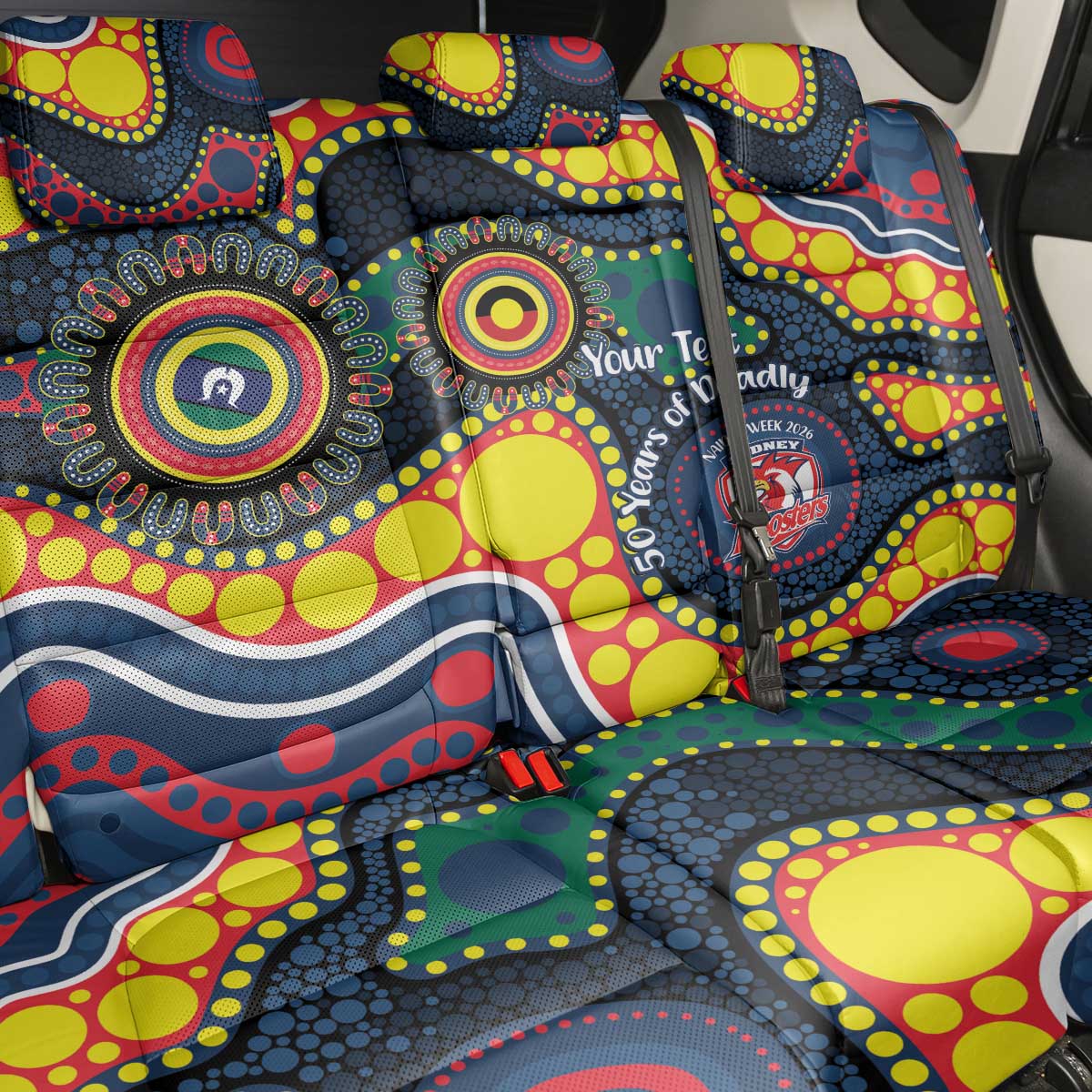 Roosters NAIDOC Week 2026 Personalised Back Car Seat Cover 50 Years of Deadly Aboriginal Art