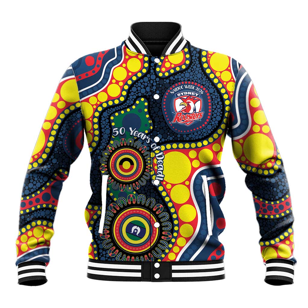 Roosters NAIDOC Week 2026 Personalised Baseball Jacket 50 Years of Deadly Aboriginal Art