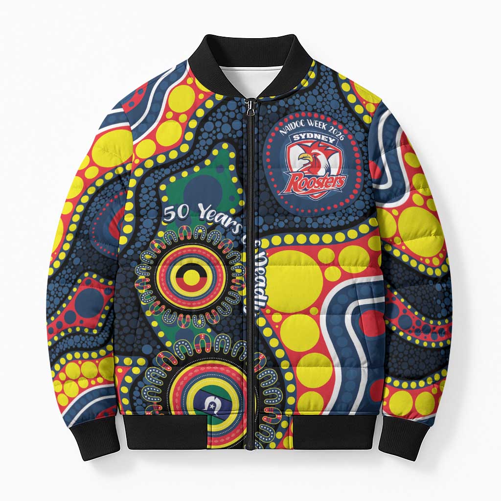 Roosters NAIDOC Week 2026 Personalised Bomber Puffer Jacket 50 Years of Deadly Aboriginal Art