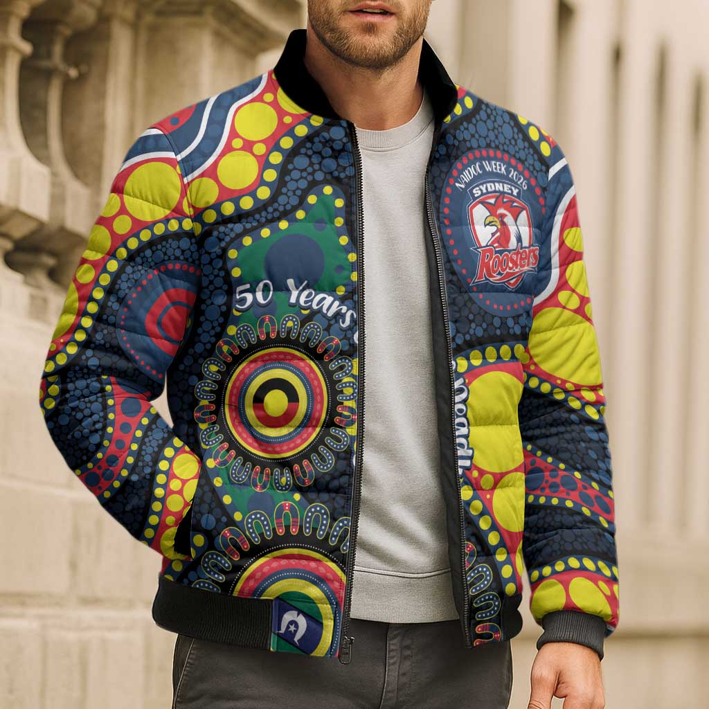 Roosters NAIDOC Week 2026 Personalised Bomber Puffer Jacket 50 Years of Deadly Aboriginal Art