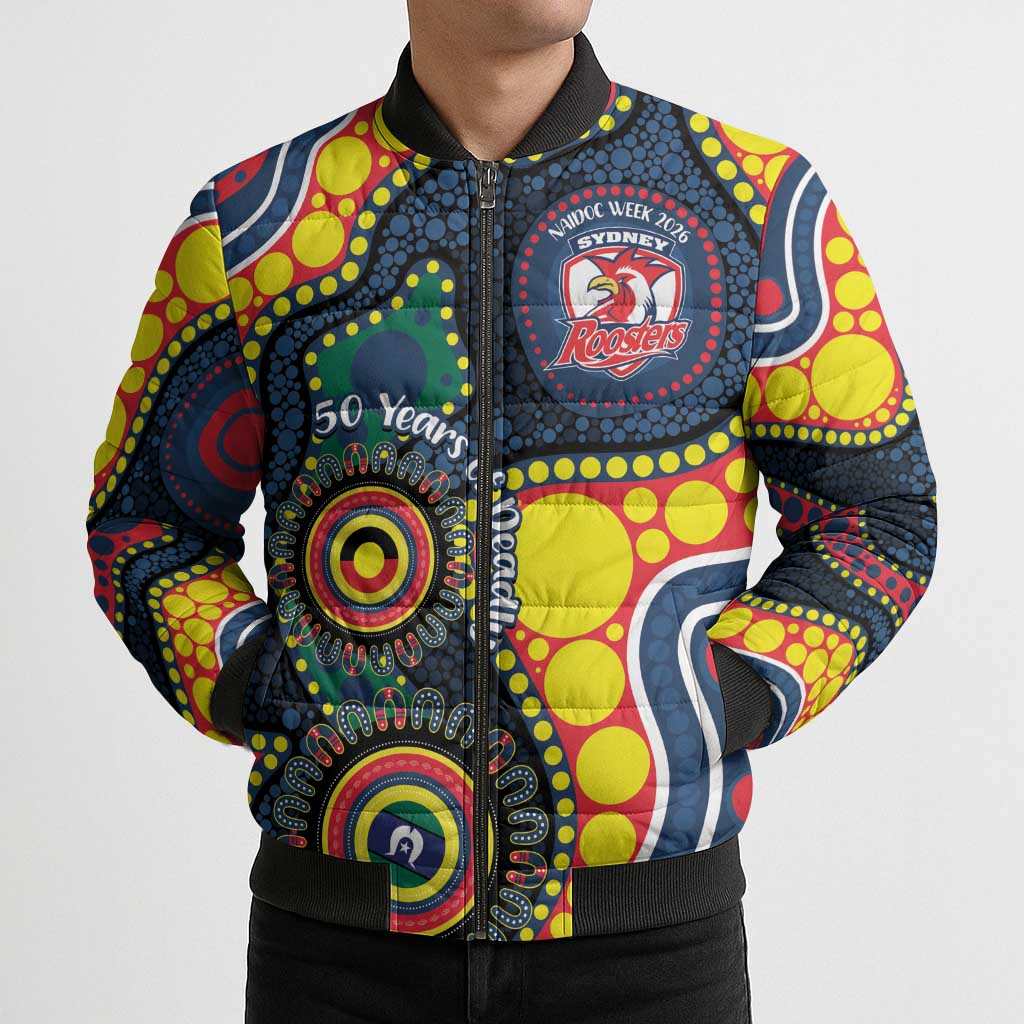 Roosters NAIDOC Week 2026 Personalised Bomber Puffer Jacket 50 Years of Deadly Aboriginal Art