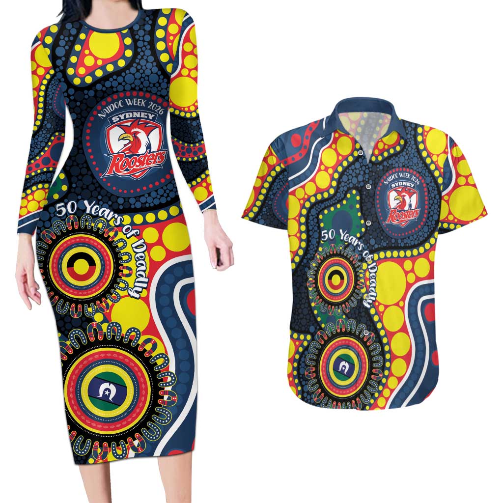 Roosters NAIDOC Week 2026 Personalised Couples Matching Long Sleeve Bodycon Dress and Hawaiian Shirt 50 Years of Deadly Aboriginal Art