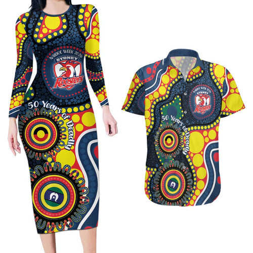 Roosters NAIDOC Week 2026 Personalised Couples Matching Long Sleeve Bodycon Dress and Hawaiian Shirt 50 Years of Deadly Aboriginal Art