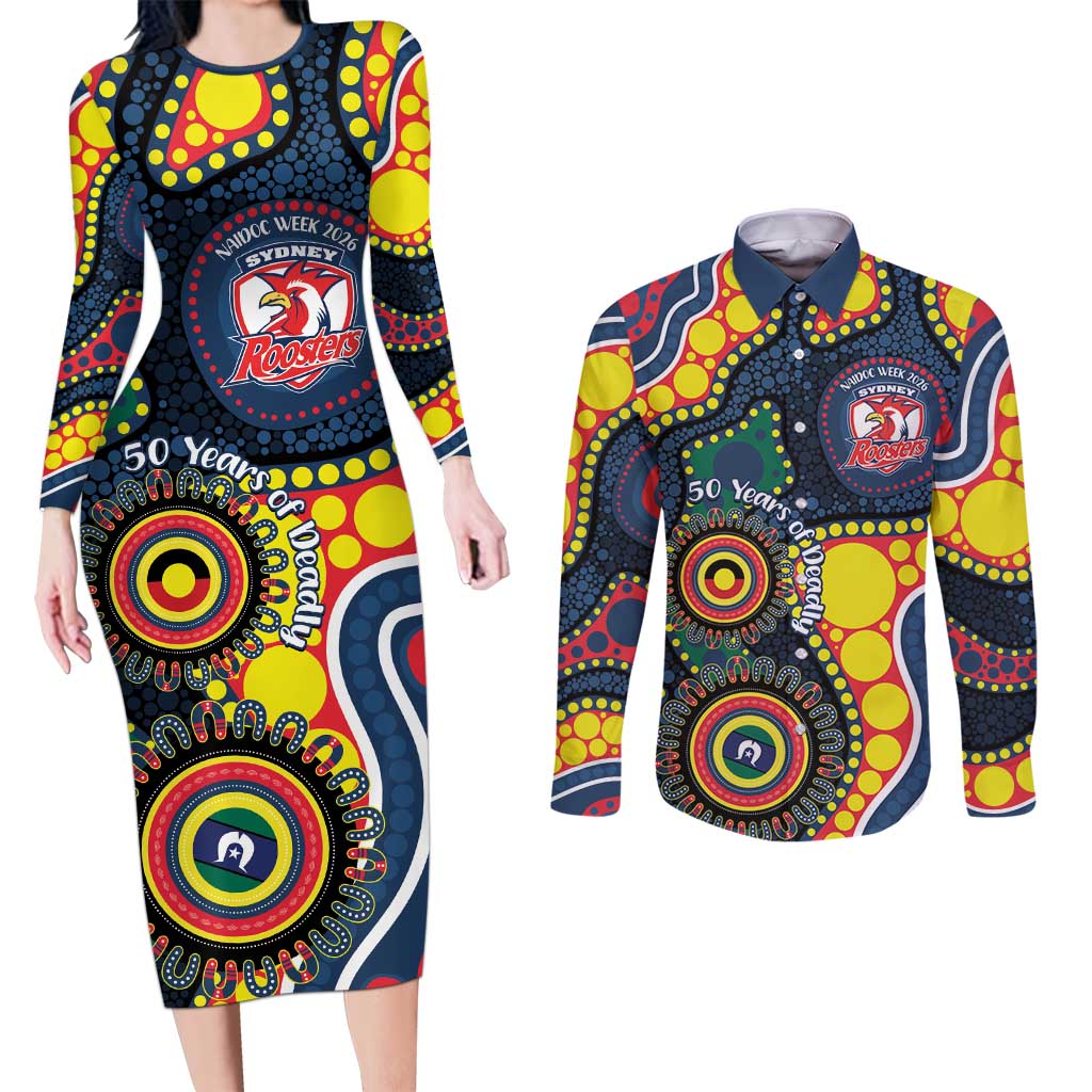 Roosters NAIDOC Week 2026 Personalised Couples Matching Long Sleeve Bodycon Dress and Long Sleeve Button Shirt 50 Years of Deadly Aboriginal Art