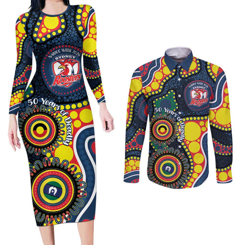 Roosters NAIDOC Week 2026 Personalised Couples Matching Long Sleeve Bodycon Dress and Long Sleeve Button Shirt 50 Years of Deadly Aboriginal Art