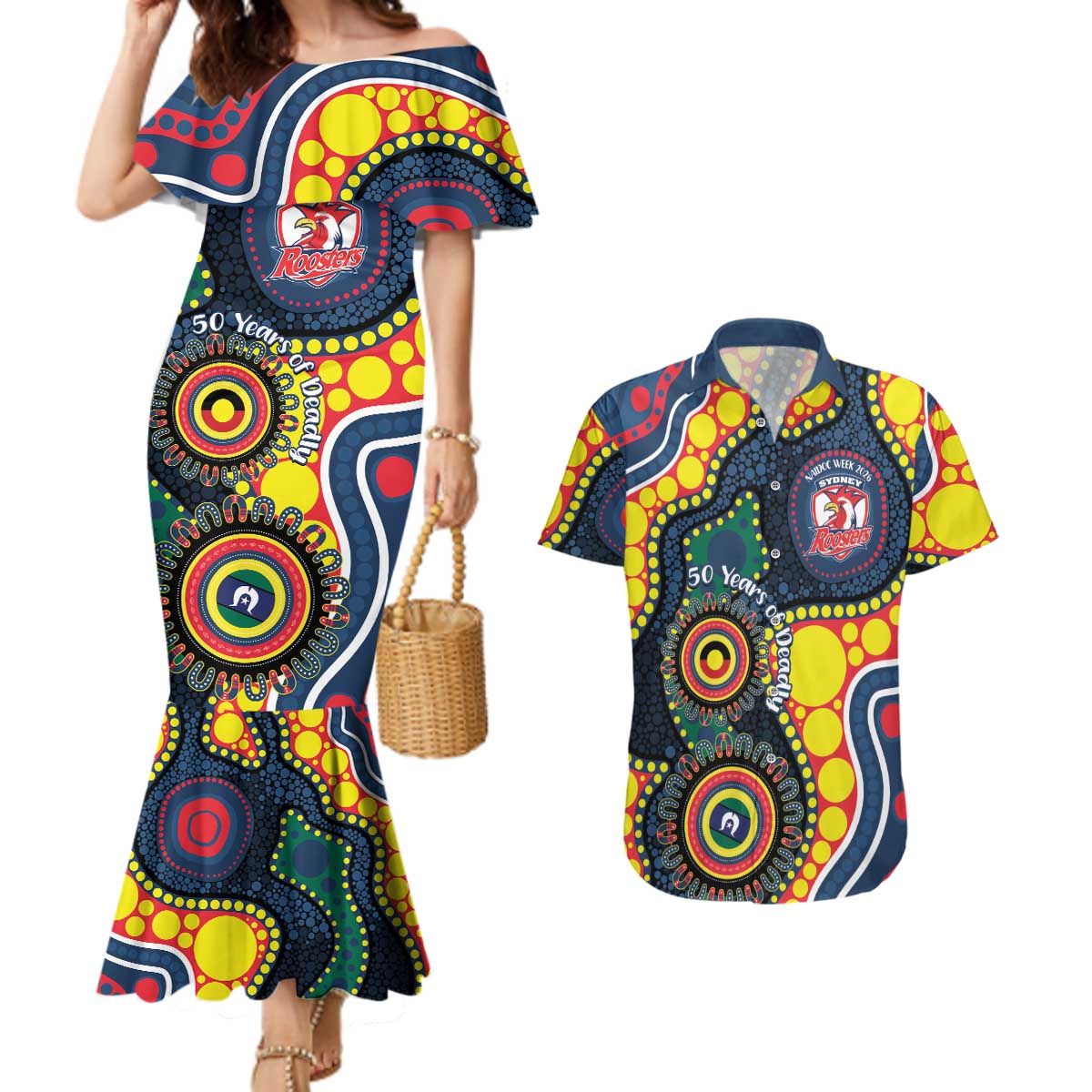 Roosters NAIDOC Week 2026 Personalised Couples Matching Mermaid Dress and Hawaiian Shirt 50 Years of Deadly Aboriginal Art