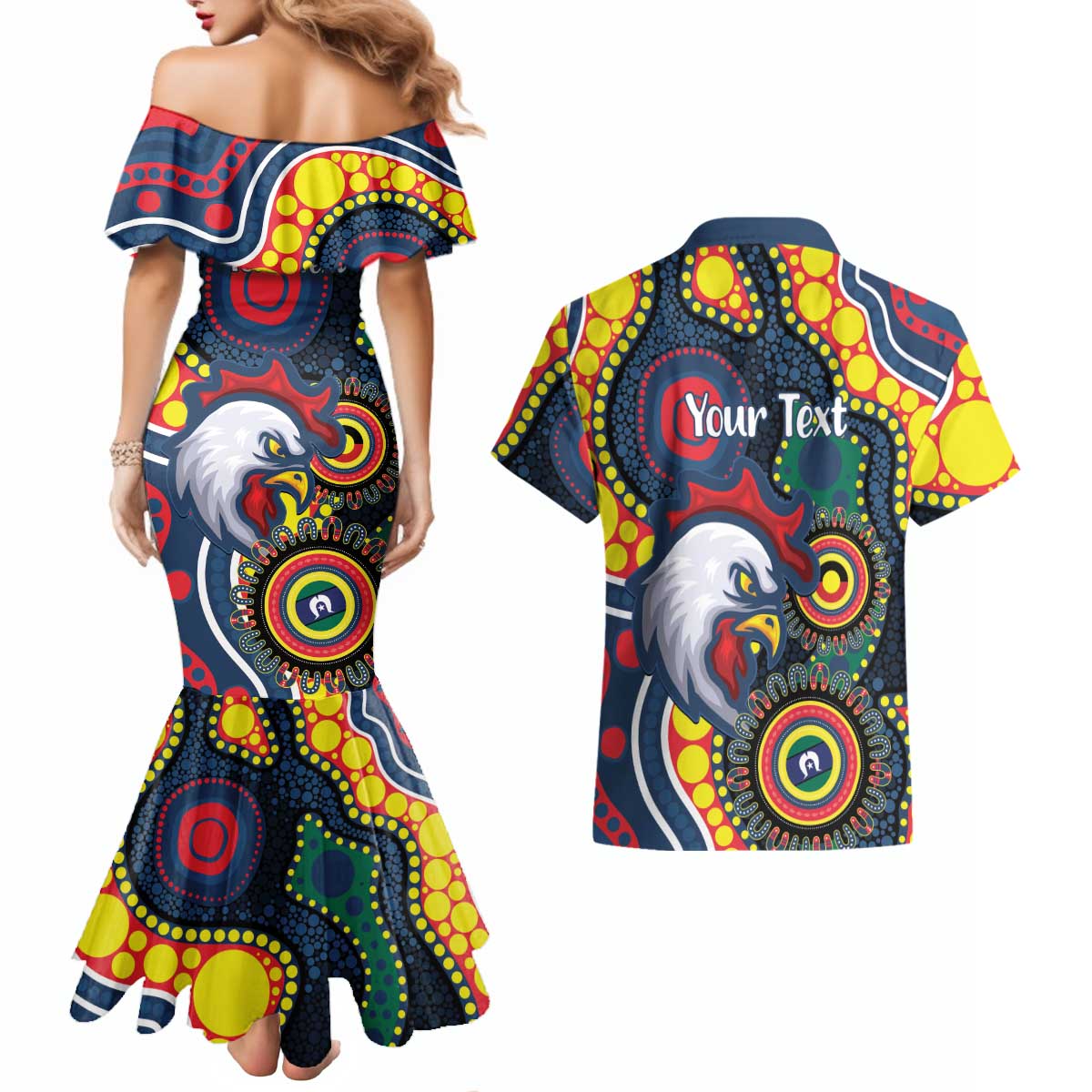 Roosters NAIDOC Week 2026 Personalised Couples Matching Mermaid Dress and Hawaiian Shirt 50 Years of Deadly Aboriginal Art