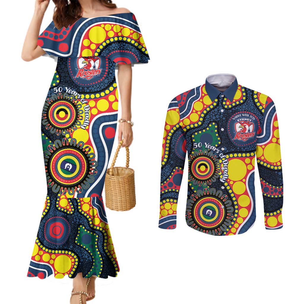 Roosters NAIDOC Week 2026 Personalised Couples Matching Mermaid Dress and Long Sleeve Button Shirt 50 Years of Deadly Aboriginal Art