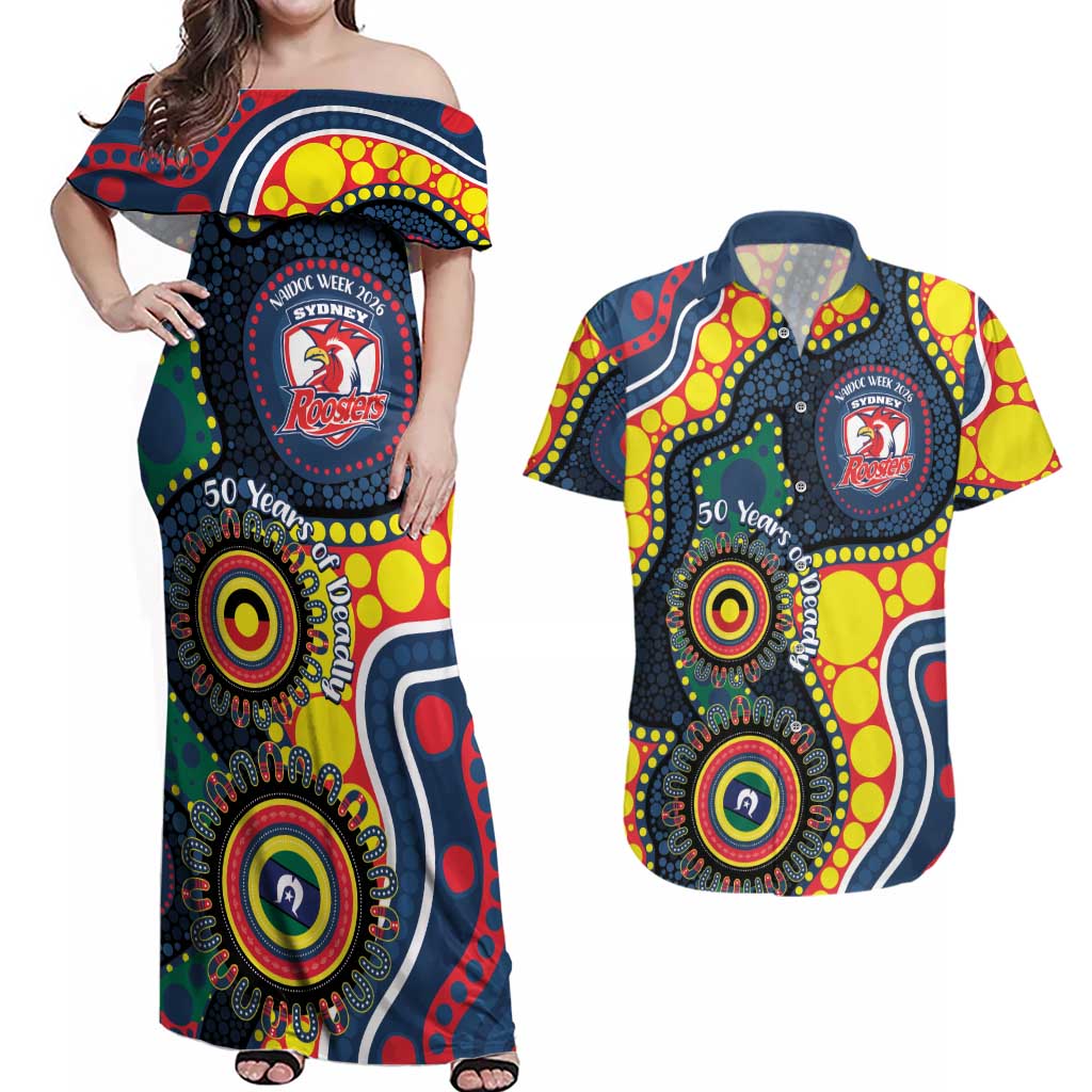 Roosters NAIDOC Week 2026 Personalised Couples Matching Off Shoulder Maxi Dress and Hawaiian Shirt 50 Years of Deadly Aboriginal Art