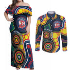 Roosters NAIDOC Week 2026 Personalised Couples Matching Off Shoulder Maxi Dress and Long Sleeve Button Shirt 50 Years of Deadly Aboriginal Art