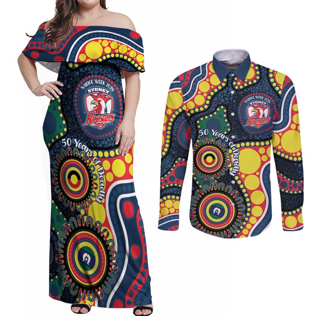 Roosters NAIDOC Week 2026 Personalised Couples Matching Off Shoulder Maxi Dress and Long Sleeve Button Shirt 50 Years of Deadly Aboriginal Art