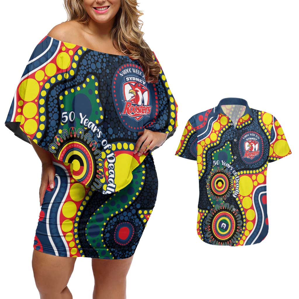 Roosters NAIDOC Week 2026 Personalised Couples Matching Off Shoulder Short Dress and Hawaiian Shirt 50 Years of Deadly Aboriginal Art
