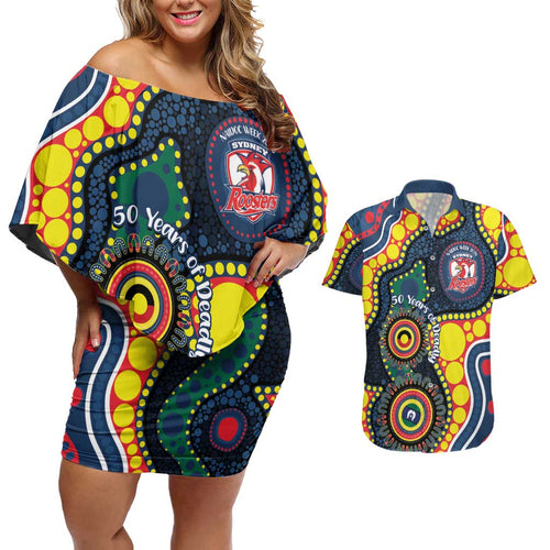 Roosters NAIDOC Week 2026 Personalised Couples Matching Off Shoulder Short Dress and Hawaiian Shirt 50 Years of Deadly Aboriginal Art