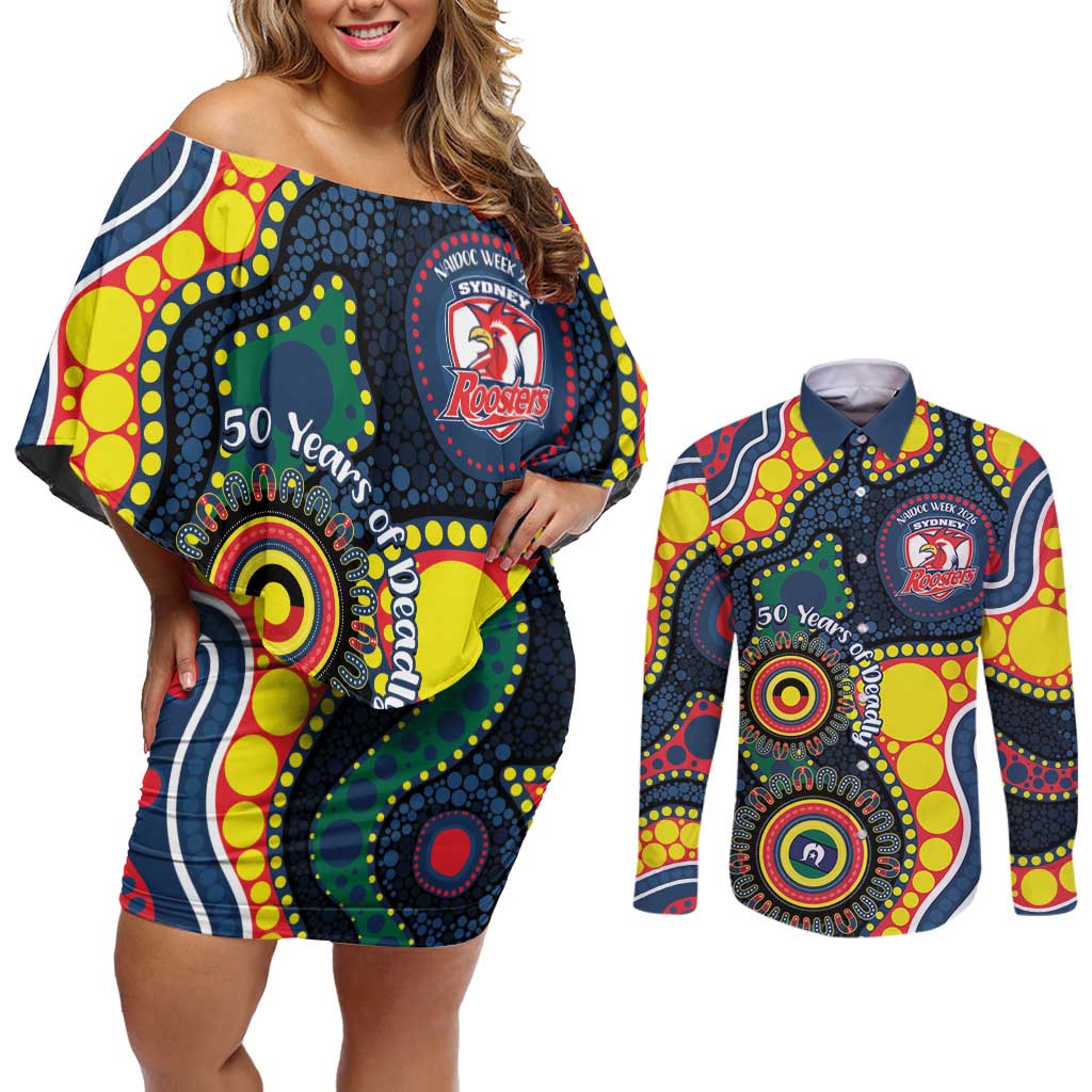 Roosters NAIDOC Week 2026 Personalised Couples Matching Off Shoulder Short Dress and Long Sleeve Button Shirt 50 Years of Deadly Aboriginal Art
