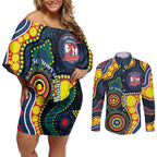 Roosters NAIDOC Week 2026 Personalised Couples Matching Off Shoulder Short Dress and Long Sleeve Button Shirt 50 Years of Deadly Aboriginal Art