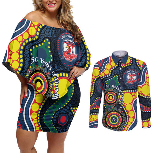 Roosters NAIDOC Week 2026 Personalised Couples Matching Off Shoulder Short Dress and Long Sleeve Button Shirt 50 Years of Deadly Aboriginal Art