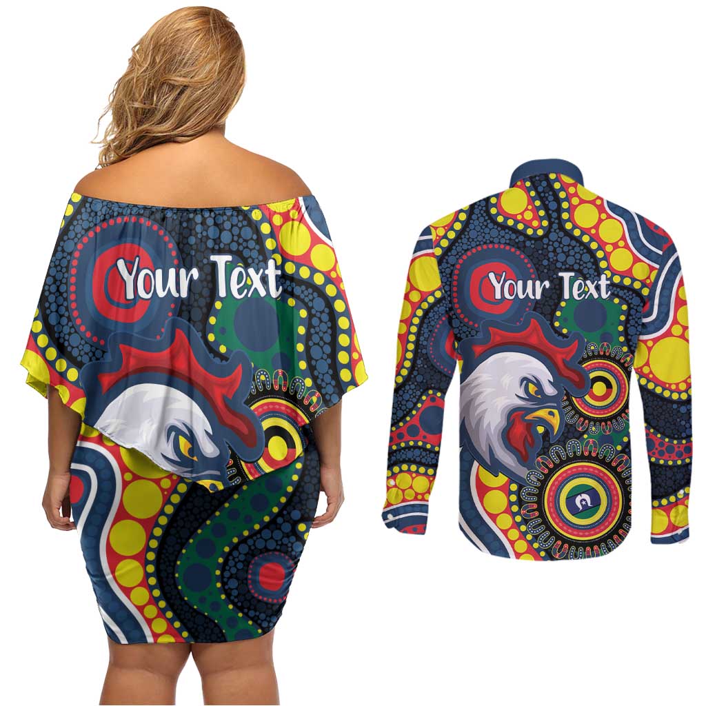 Roosters NAIDOC Week 2026 Personalised Couples Matching Off Shoulder Short Dress and Long Sleeve Button Shirt 50 Years of Deadly Aboriginal Art