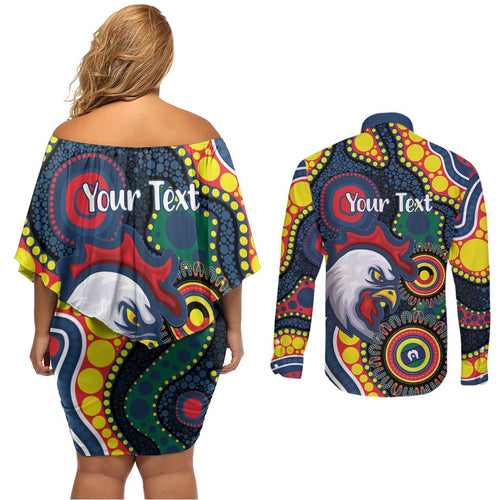 Roosters NAIDOC Week 2026 Personalised Couples Matching Off Shoulder Short Dress and Long Sleeve Button Shirt 50 Years of Deadly Aboriginal Art