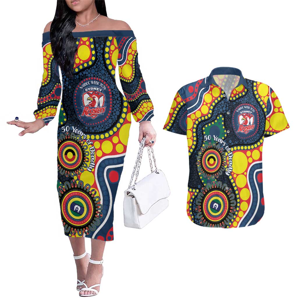 Roosters NAIDOC Week 2026 Personalised Couples Matching Off The Shoulder Long Sleeve Dress and Hawaiian Shirt 50 Years of Deadly Aboriginal Art
