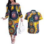 Roosters NAIDOC Week 2026 Personalised Couples Matching Off The Shoulder Long Sleeve Dress and Hawaiian Shirt 50 Years of Deadly Aboriginal Art