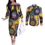 Roosters NAIDOC Week 2026 Personalised Couples Matching Off The Shoulder Long Sleeve Dress and Long Sleeve Button Shirt 50 Years of Deadly Aboriginal Art