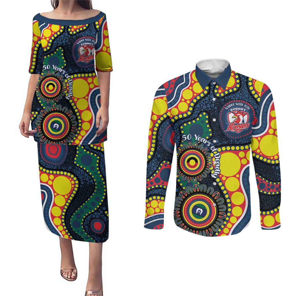 Roosters NAIDOC Week 2026 Personalised Couples Matching Puletasi and Long Sleeve Button Shirt 50 Years of Deadly Aboriginal Art