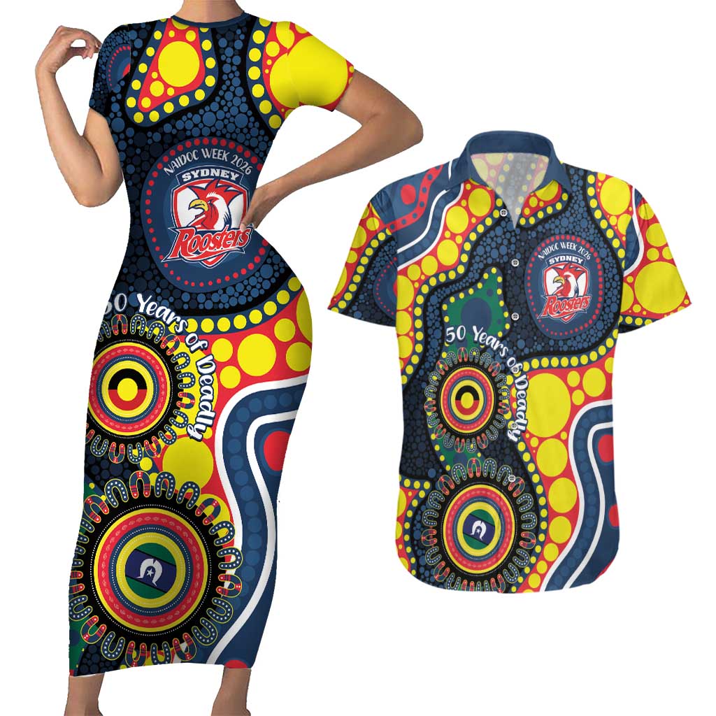 Roosters NAIDOC Week 2026 Personalised Couples Matching Short Sleeve Bodycon Dress and Hawaiian Shirt 50 Years of Deadly Aboriginal Art