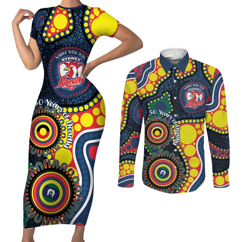 Roosters NAIDOC Week 2026 Personalised Couples Matching Short Sleeve Bodycon Dress and Long Sleeve Button Shirt 50 Years of Deadly Aboriginal Art