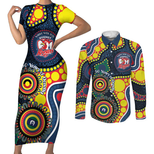 Roosters NAIDOC Week 2026 Personalised Couples Matching Short Sleeve Bodycon Dress and Long Sleeve Button Shirt 50 Years of Deadly Aboriginal Art
