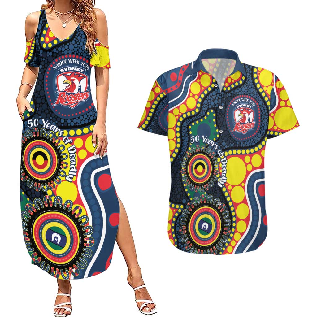 Roosters NAIDOC Week 2026 Personalised Couples Matching Summer Maxi Dress and Hawaiian Shirt 50 Years of Deadly Aboriginal Art