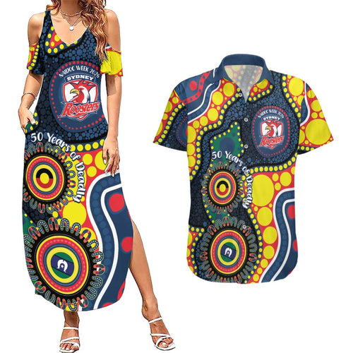 Roosters NAIDOC Week 2026 Personalised Couples Matching Summer Maxi Dress and Hawaiian Shirt 50 Years of Deadly Aboriginal Art