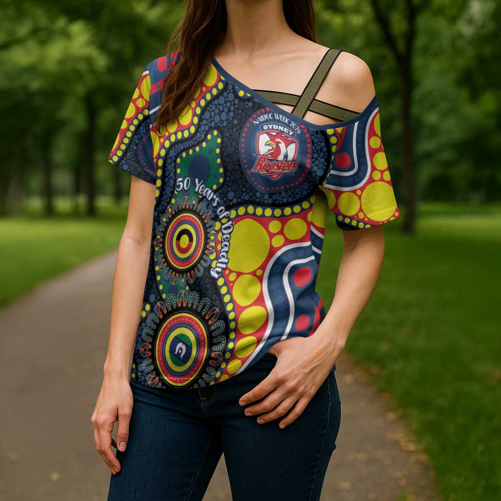Roosters NAIDOC Week 2026 Personalised Cross Shoulder Shirt 50 Years of Deadly Aboriginal Art