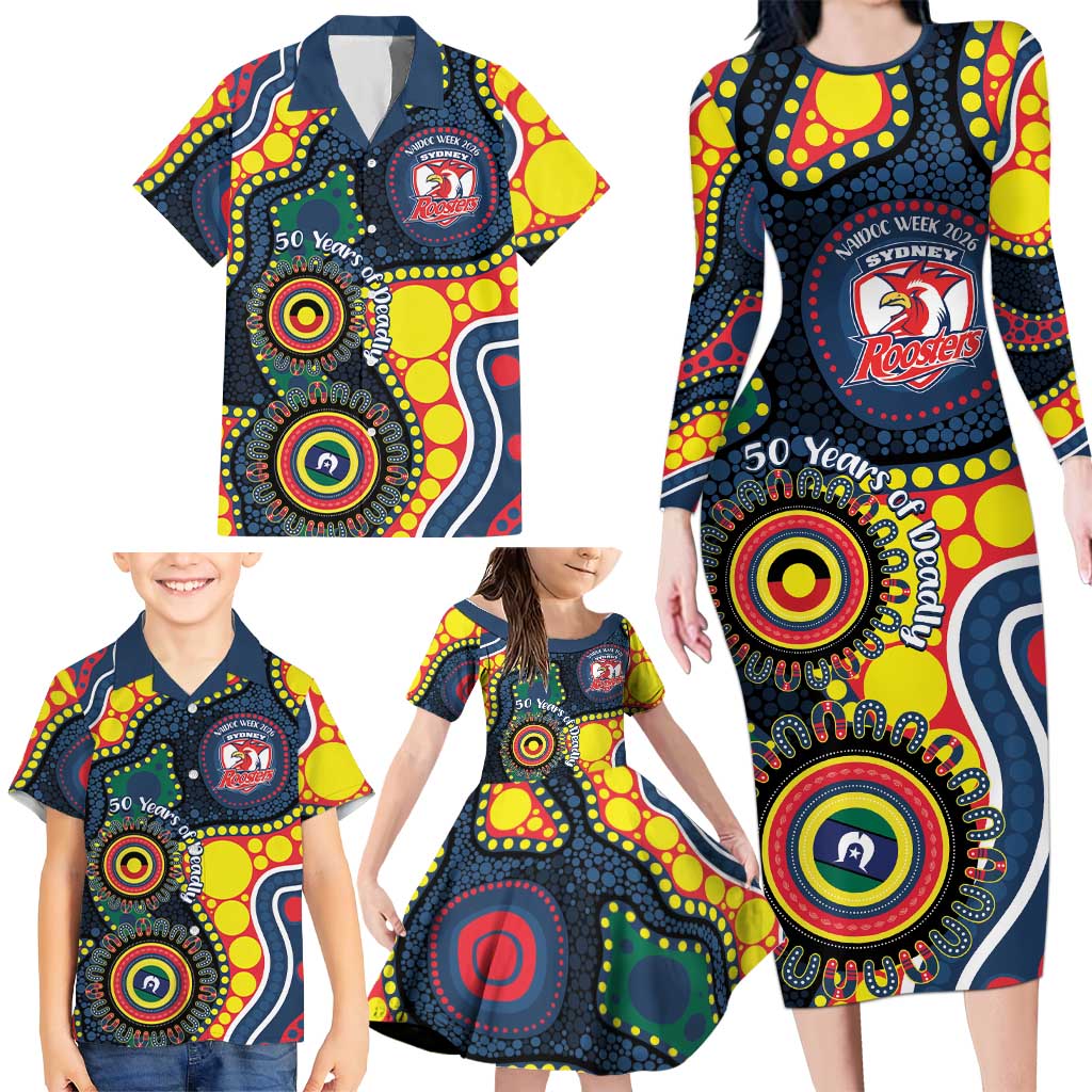 Roosters NAIDOC Week 2026 Personalised Family Matching Long Sleeve Bodycon Dress and Hawaiian Shirt 50 Years of Deadly Aboriginal Art
