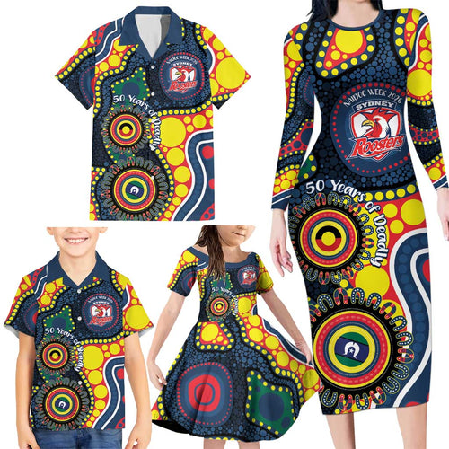 Roosters NAIDOC Week 2026 Personalised Family Matching Long Sleeve Bodycon Dress and Hawaiian Shirt 50 Years of Deadly Aboriginal Art