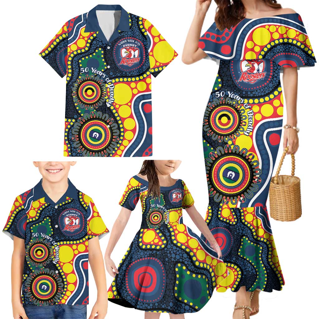 Roosters NAIDOC Week 2026 Personalised Family Matching Mermaid Dress and Hawaiian Shirt 50 Years of Deadly Aboriginal Art