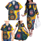 Roosters NAIDOC Week 2026 Personalised Family Matching Off The Shoulder Long Sleeve Dress and Hawaiian Shirt 50 Years of Deadly Aboriginal Art