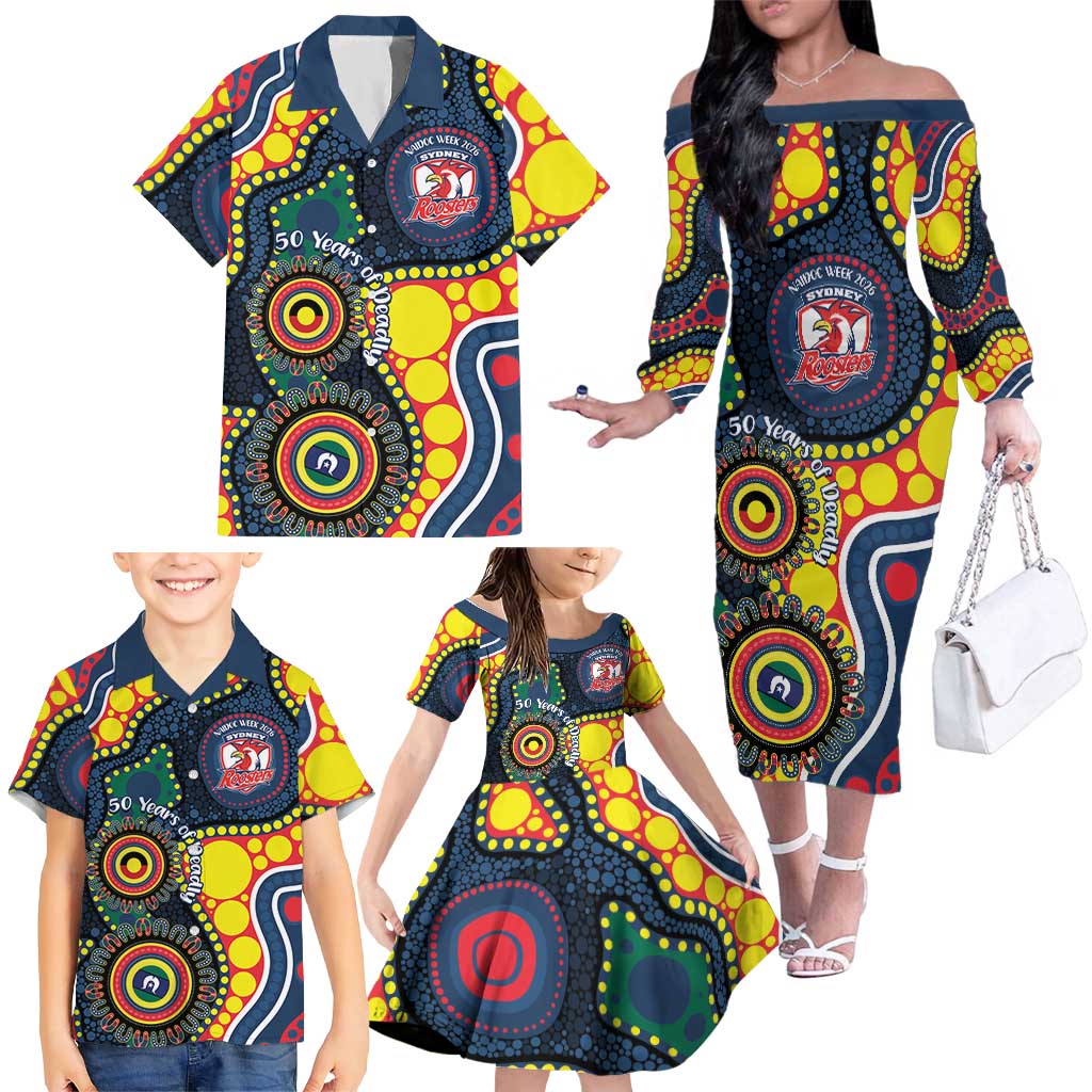 Roosters NAIDOC Week 2026 Personalised Family Matching Off The Shoulder Long Sleeve Dress and Hawaiian Shirt 50 Years of Deadly Aboriginal Art