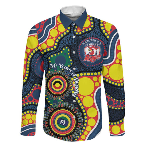 Roosters NAIDOC Week 2026 Personalised Family Matching Off The Shoulder Long Sleeve Dress and Hawaiian Shirt 50 Years of Deadly Aboriginal Art